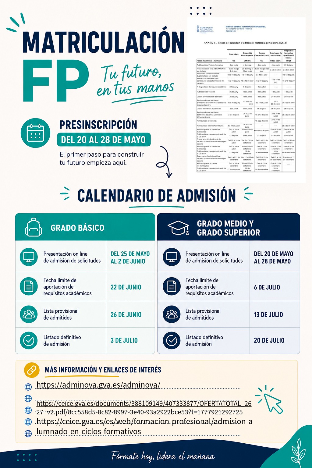 Abierto el proceso de admisión y matrícula en Formación Profesional para el curso 2026-2027