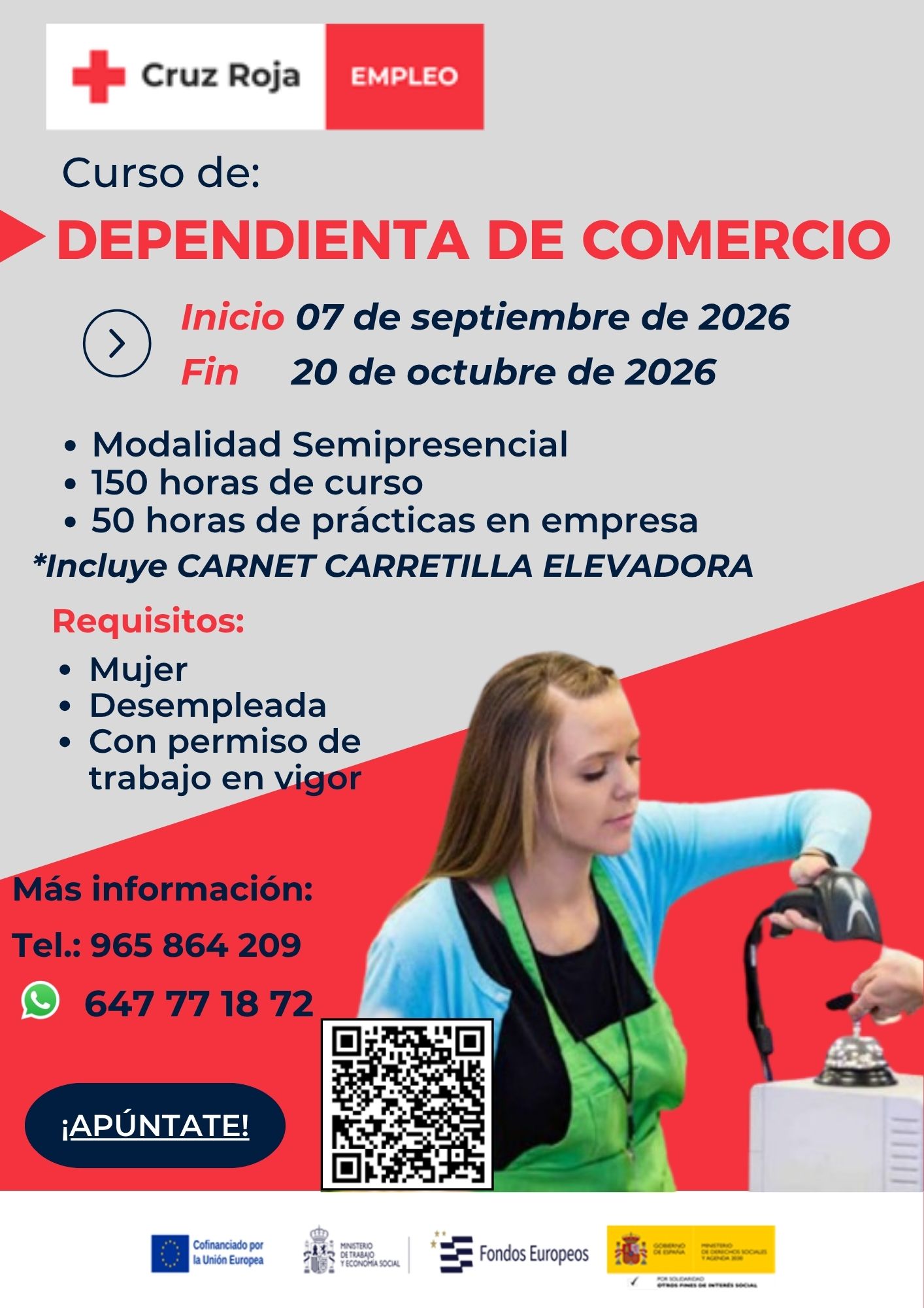 CRUZ ROJA impulsa un curso de Dependienta de Comercio con prácticas en empresa y carnet de carretilla elevadora